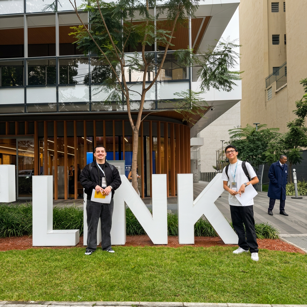 Mentor e aluno em frente ao letreiro da Link School of Business
